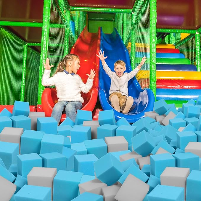 Foam Pit Cubes, 24 PCS 5 Inches Gymnastics Foam Blocks Trampoline Blocks, Multi-Sport Protective Padding for Gymnastics, Trampoline, Parkour, Skate Parks & BMX - Grey & Blue