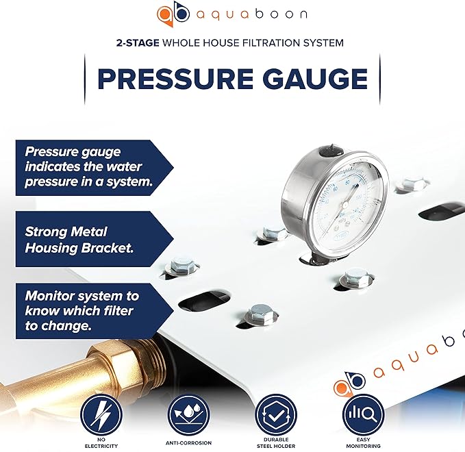 Aquaboon 2-Stage Whole House Water Filter System with 20x4.5 House Water Filters Reducing Sediment & Odors with Gauge & Release, Wrench, Bracket