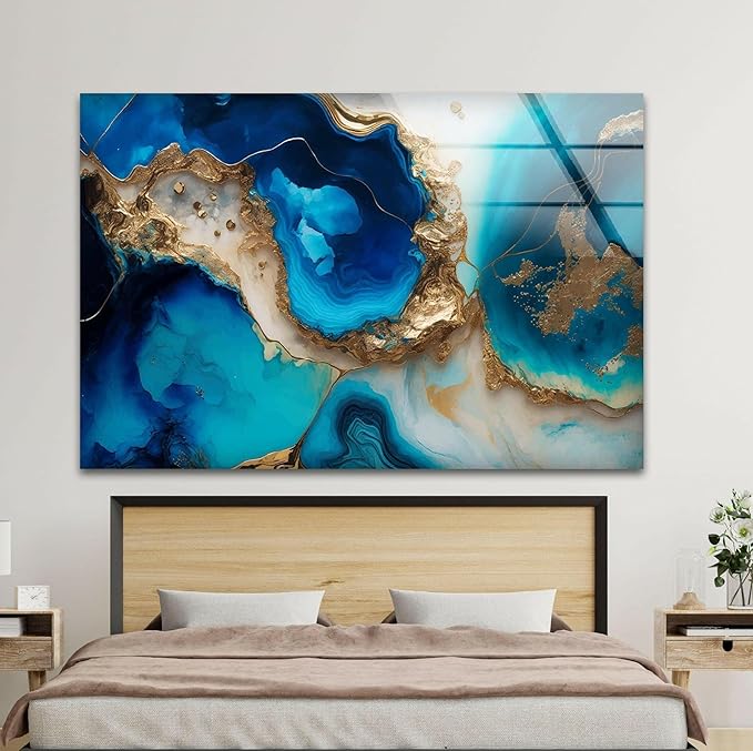 My Photostation.com 60WX40H'' Blue Alcohol ink Glass Wall ArtTempered Glass Printing Wall Decor Large Wall Art Wall Hangings
