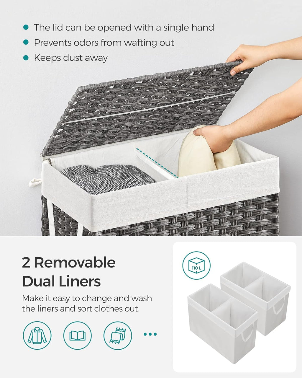 SONGMICS Laundry Hamper with Lid, 110L Clothes Hamper with 2 Removable Liner Bags, 6 Mesh Bags, Wicker Laundry Basket, Double Laundry Hamper for Bathroom, 13 x 22.4 x 23.6 Inches, Gray ULCB52WG