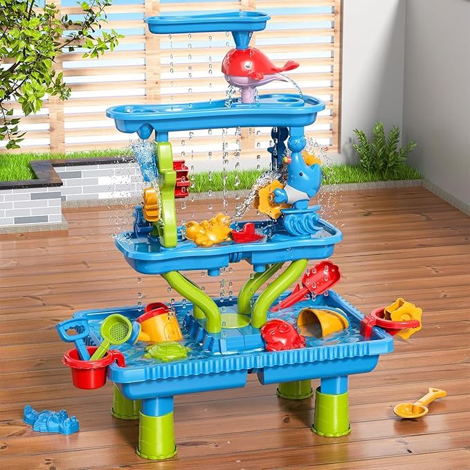 4-Tier Sand and Water Table for Kids, Outdoor Splash and Play Activity Set for Boys and Girls Ages 3 4 5 6 7 8 Years, Summer Beach & Poolside Sensory Toys for Fun Water Play