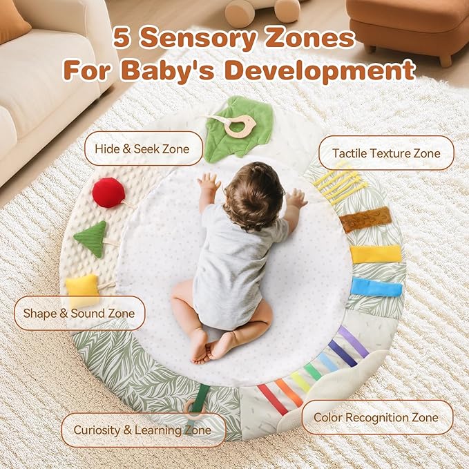 Montessori Baby Play Mat for Early Learning, Tummy Time Playmat, Activity Mat with 5 Development Zones, for Motor Skills & Sensory Development, Baby Essentials Gift