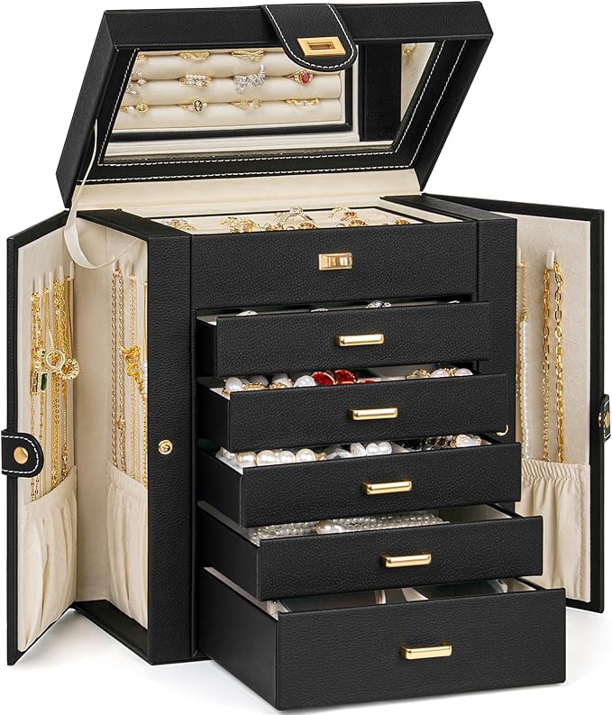 AKOZLIN 6-Tier Jewelry Box Organizer Functional 5 Drawers Leather Jewelry Storage Case for Women Girls Ring Necklace Earring Bracelet Holder Organizer with Mirror Black
