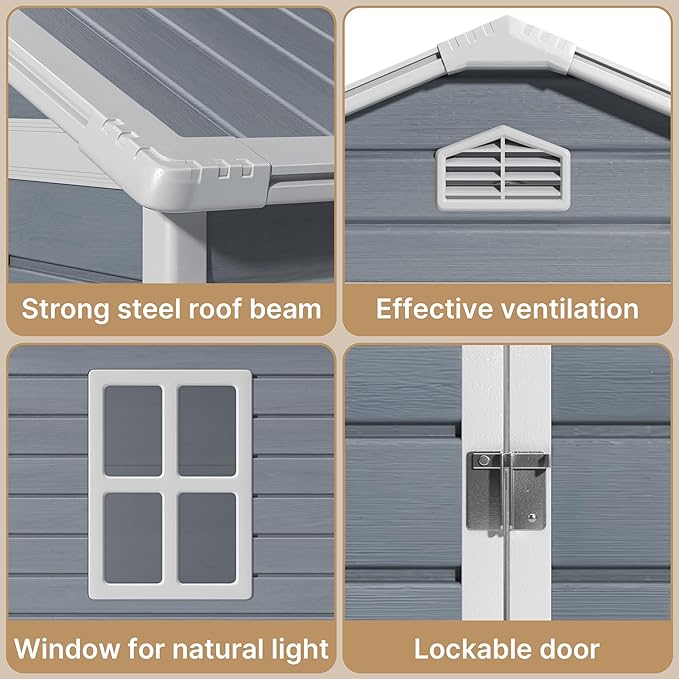 Gizoon 6x4 FT Outdoor Storage Shed with Floor, Resin Garden Tool Shed with Lockable Doors, Window, Vents, Reinforced Steel Frame, Waterproof Plastic Storage Sheds for Backyard, Patio, Lawn
