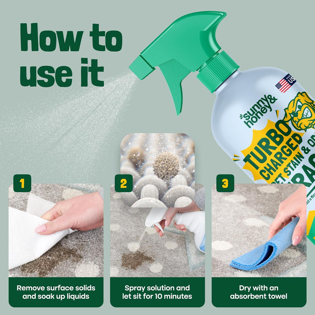 Sunny & Honey Pet Stain & Odor Miracle - Turbo Charged, 32 Fl Oz, Spring Mint - Carpet Shampooer Enzyme Cleaner Spray - Pet Urine & Odor Eliminator Spray - Stain Remover & Carpet Cleaning Solution