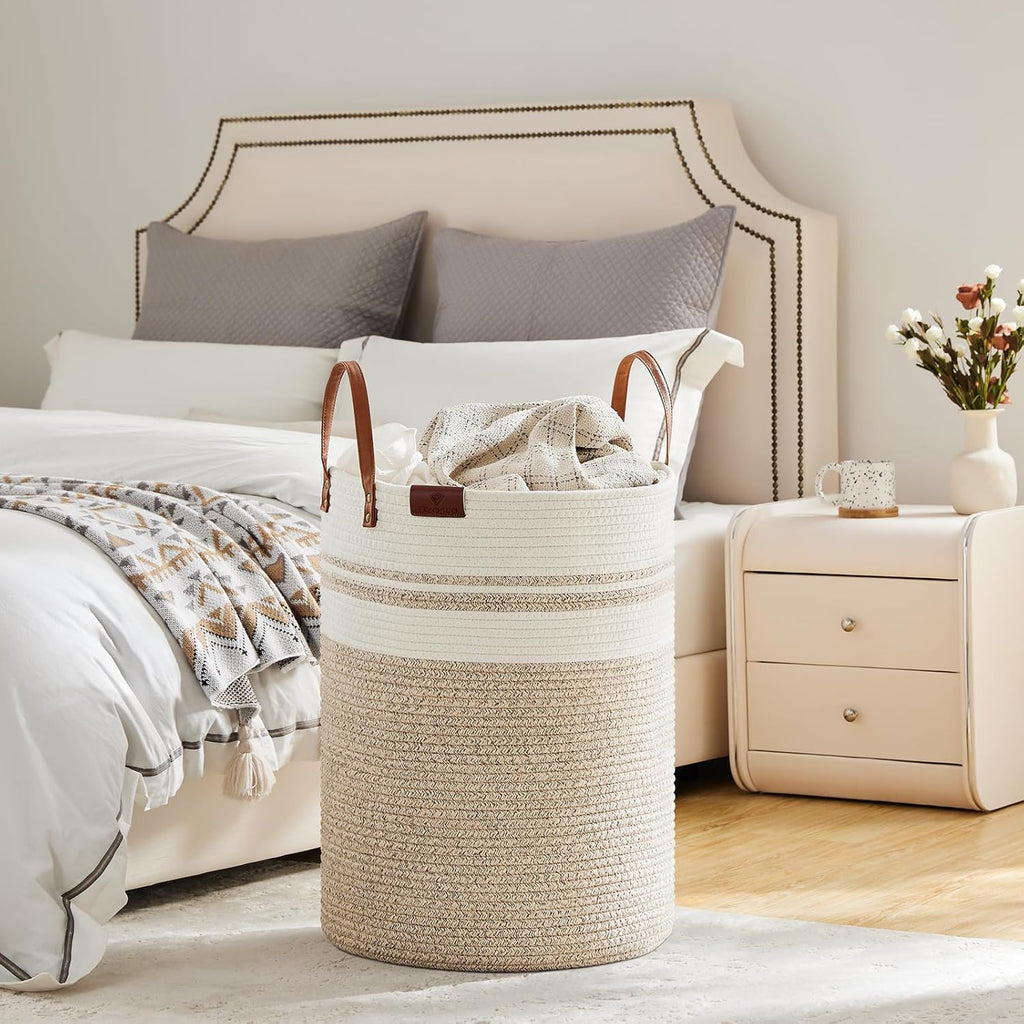 VIPOSCO Tall Laundry Basket, Large Dirty Clothes Hamper with Leather Handle, Woven Rope Storage Basket for Blanket, Toy In Living Room, Bathroom, Bedroom - 100L Brown & White