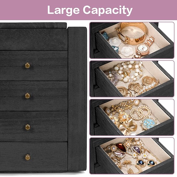 Meangood Jewelry Box Wood for Women, 5-Layer Large Organizer Box with Mirror & 4 Drawers for Rings, Earrings, Necklaces, Black