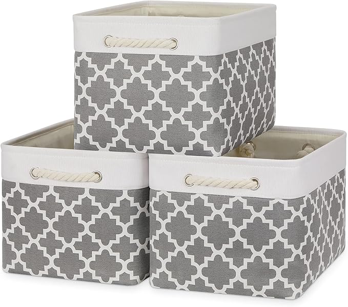 Bidtakay Basket Storage Bins Baskets for Organizing Set of 3 Collapsible Cloth Storage Linen Closet Organizer 15 X 11 X 9.5 Inches Large Foldable Baskets for Shelves (White&Quatrefoil Grey)