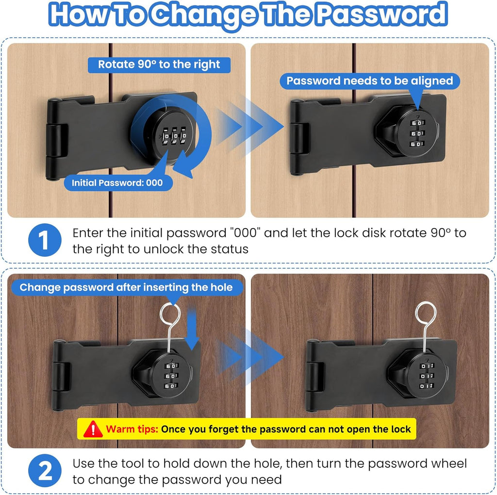 Keyless Cabinet Lock with Combination Code - 3-Digit Password Hasp Latch Lock for Drawers, Bifold Closet Door and Double Sided Door (Black, 4.5 Inch, 2 Pack)