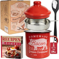 Bacon Grease Container with Strainer - With Food-Grade Silicone Spatula, 24oz Enamel Rustic Farmhouse Fat Container, Keeper, Recipes, Dishwasher Safe