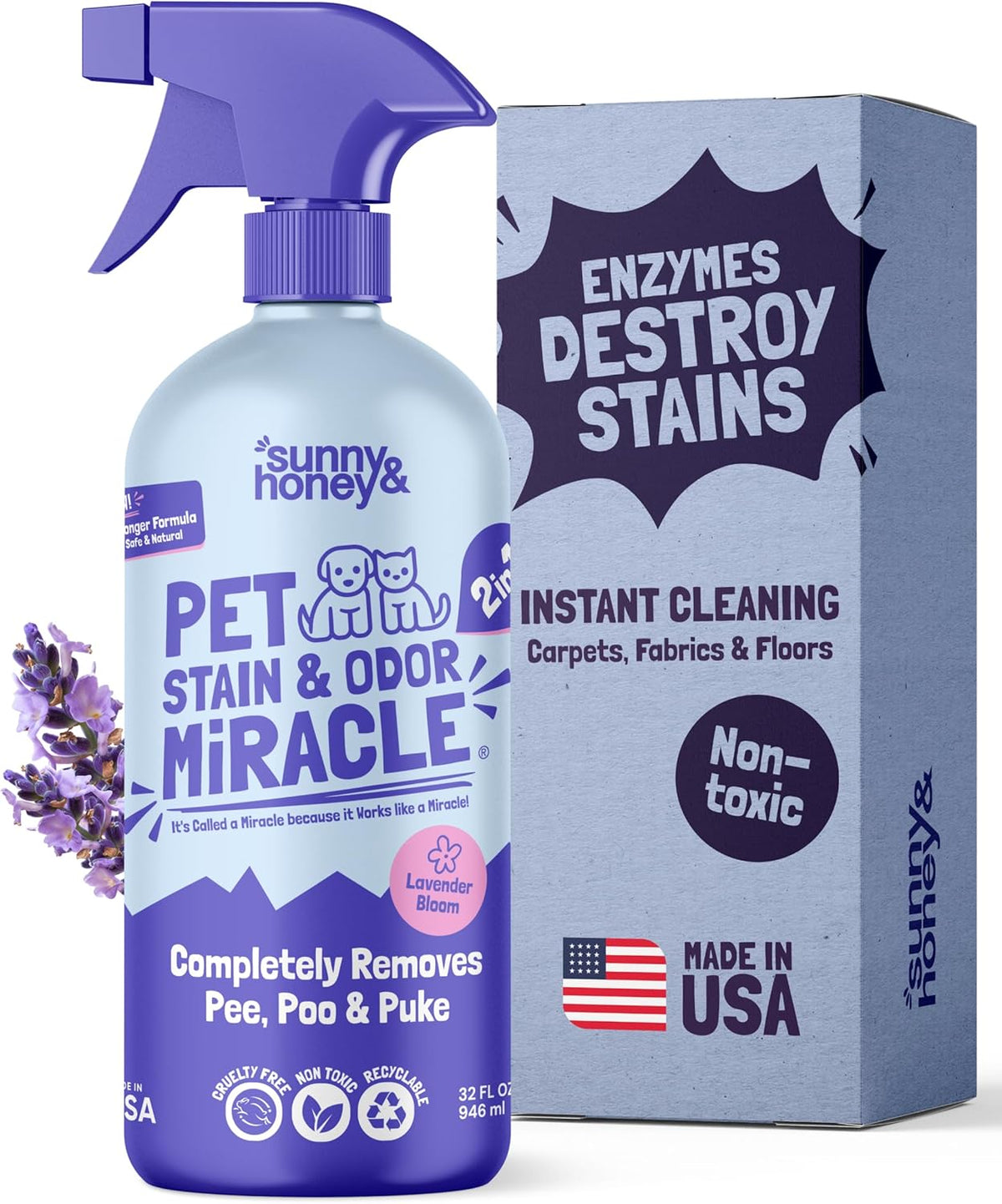 Sunny & Honey Pet Stain & Odor Miracle - 32 Fl Oz, Light Lavender Scent - Carpet Stain Remover & Urine Odor Eliminator - Upholstery Cleaner Spray - Enzyme Formula for Upholstery, Couch & Mattress