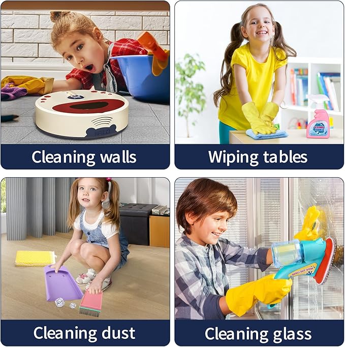 Kids Cleaning Set for Toddlers, 10 Pcs Pretend Play Educational Set Includes Kids Vacuum That Really Works with Lights & Low Noise, Broom, Spray Bottle and More