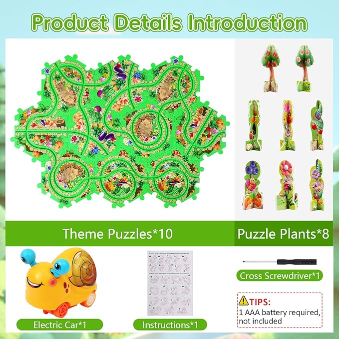 10Pcs Puzzle Racer Kids Car Track Set for Toddlers Boys, Race Tracks for Kids Ages 3-8, Puzzle Track Car Play Set, Educational Puzzles Cars Toys for 3 4 5 6 Year Old Boys (Snail)