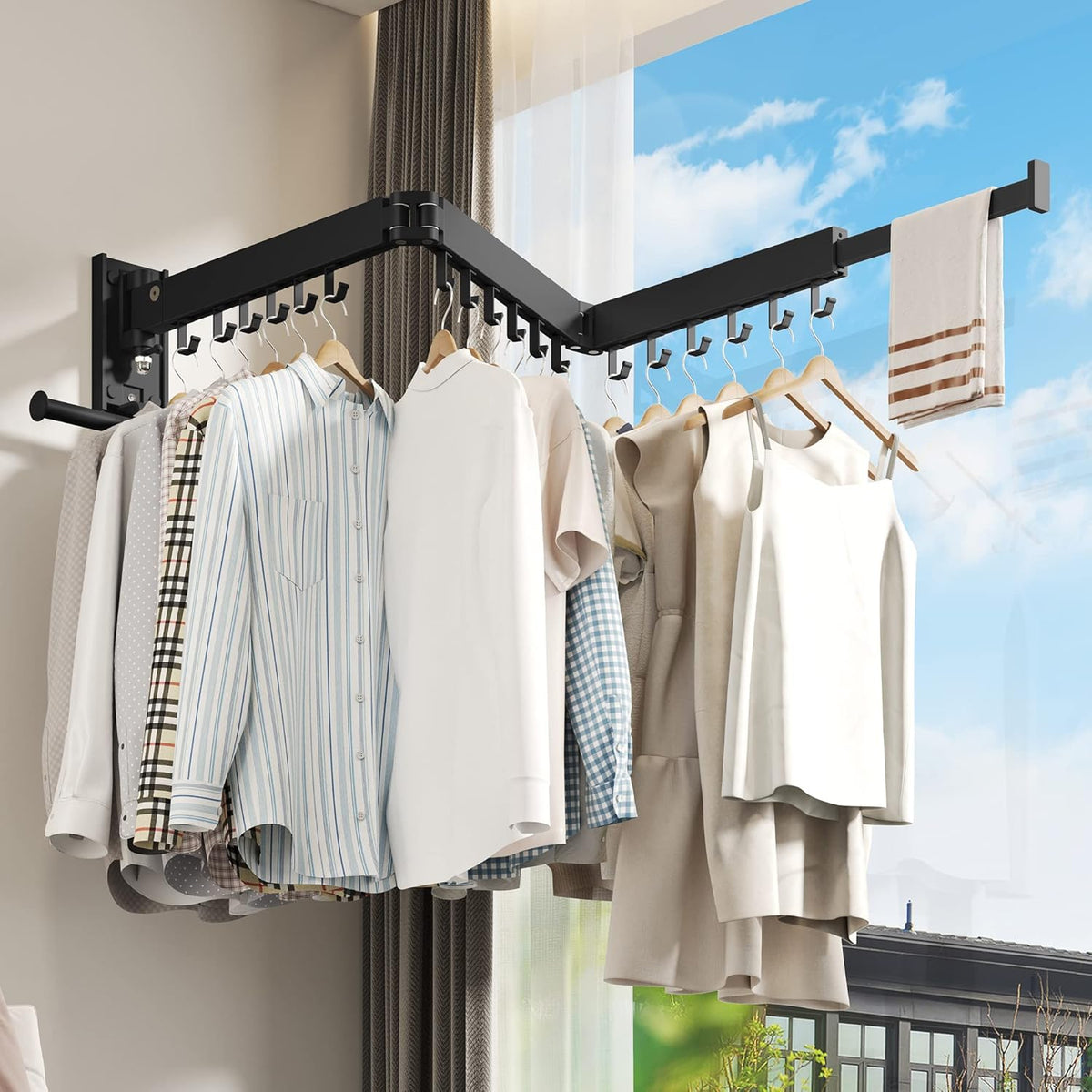 Drying Rack Clothing, Retractable Clothes Drying Rack,Wall Mounted Laundry Rack, Laundry Drying Rack Wall Mount,Collapsible Clothes Rack,can Fold Upward & Left & Right,Black Color