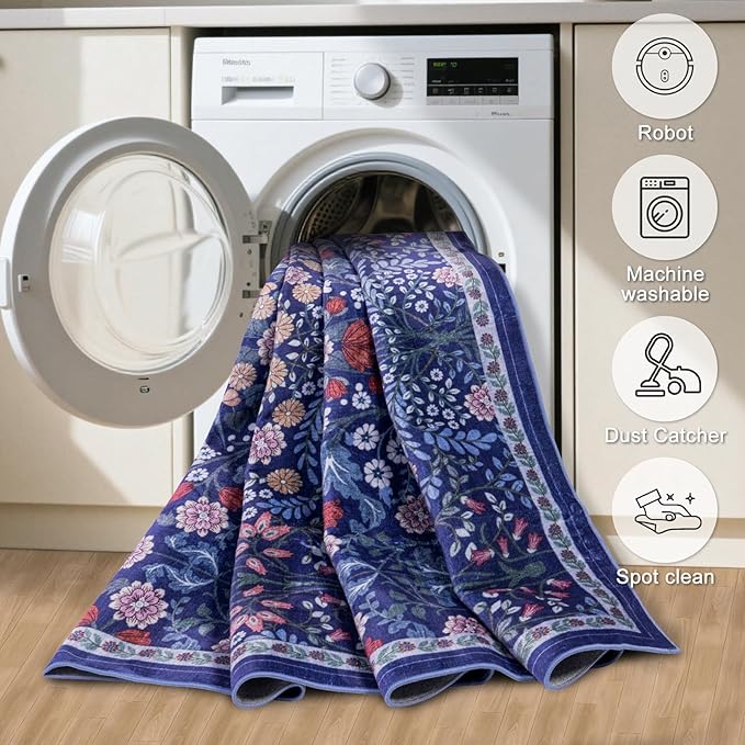 Entryway Rug 2X3 Small Rugs: Floral Washable Door Mat Vintage Soft Low Pile Non-Slip Kitchen Rugs Stain Resistant Indoor Throw Rug for Entrance, Bedroom, Kitchen, Laundry, Bathroom Blue