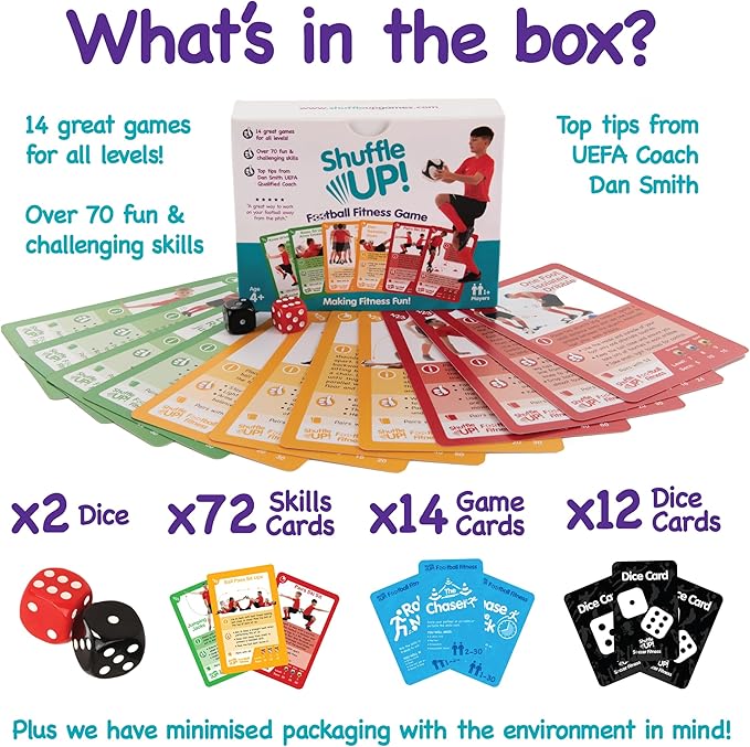 Shuffle Up Soccer Card Games - 70+ Fun & Active Skills Cards for Kids, Fitness Cards Develop Fundamentals, Stamina & Strength, Easy to Play for Kids | Multiple Skills Level Card Include 2 Dices