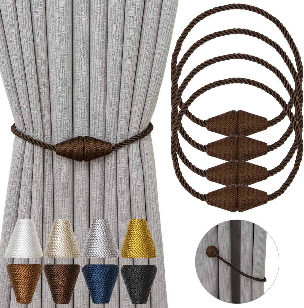 Magnetic Curtain Tiebacks 4 Pack Outdoor Rope Curtain Tie Backs Decorative Window Treatment Holdbacks for Home Decorative Curtain, Coffee