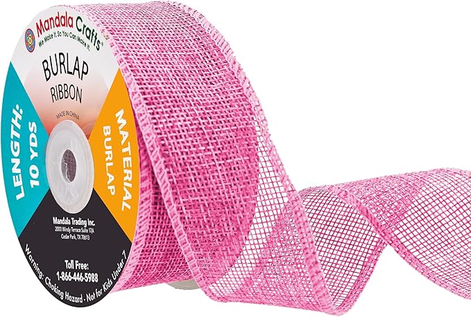 Mandala Crafts Pink Burlap Ribbon 1.5 Inches Wide Jute Ribbons for Crafts - 20 Yds Roll Rustic Burlap Wrap Trim Ribbons for Wreaths Bows Wedding Party Decoration