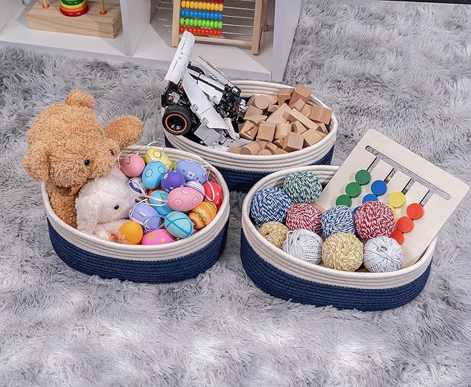 Off White&Navy Shelf Basket to Store and Organize Household Items/Baskets&Bins for Daily Storage &Organizing/Woven Rope Basket for Living Room, Bedroom,Small Oval-13x8.66x5.11’’,3 Packs