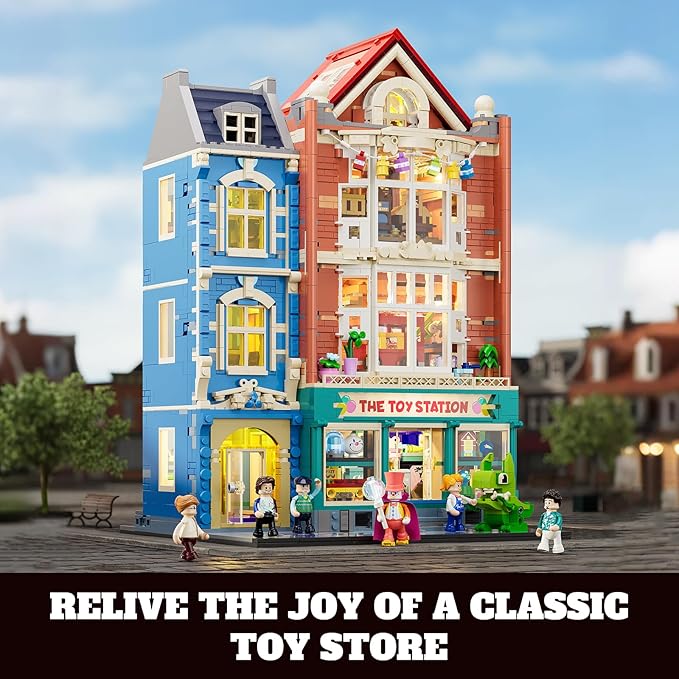 Toy-Store Lighting Building-Bricks Set – City Town Modular Townhouse Toy Shop Dollhouse LED Light Display Model 3086 Pcs Construction Kit for Adults and Teens