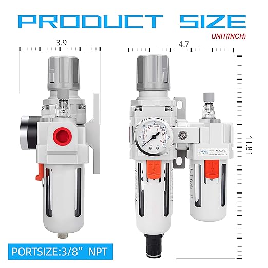 NANPU 3/8" NPT Auto-Drain Air Filter Regulator Lubricator Combo (FRL) Water/Oil Trap Separator - Gauge(0-150 psi), 5 Micron Brass Element, Poly Bowl, Metal Bracket
