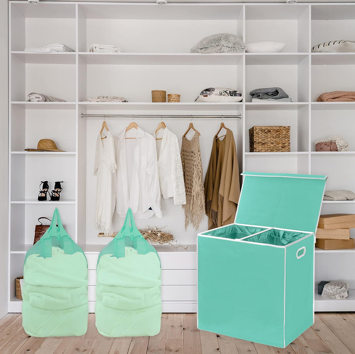 Simple Houseware Double Laundry Hamper with Lid and Removable Bags, Turquoise