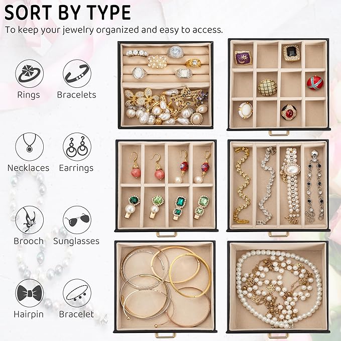 AKOZLIN 6-Tier Jewelry Box Lockable Leather Jewelry Storage Case with 5 Drawers for Women Girls Ring Necklace Earring Bracelet Holder Organizer with Mirror