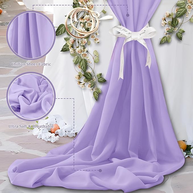 Horbaunal Lavender Chiffon Fabric by The Yard, 10 Yard Continuous Sheer Fabric 59" Wide Soft Draping Fabric for Wedding Arch Draping Party Backdrop DIY Sewing