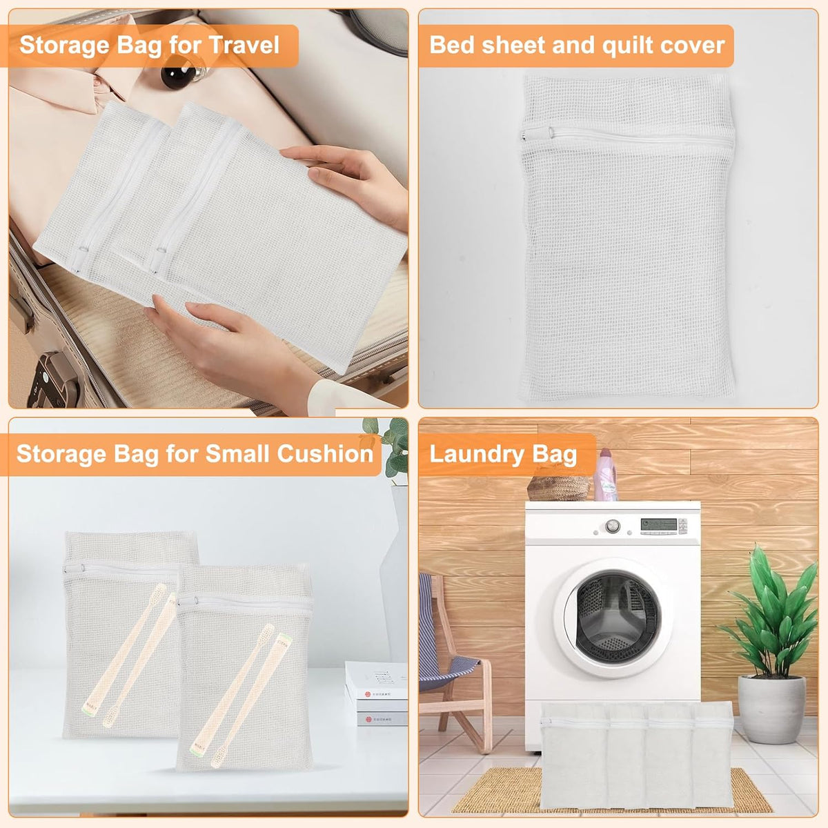 4 Piece White Small, Durable Organic Cotton Mesh Laundry Bag with Strong Zipper and Breathable Mesh, Delicate Laundry Bag for Underwear, Clothes, Pants and Socks