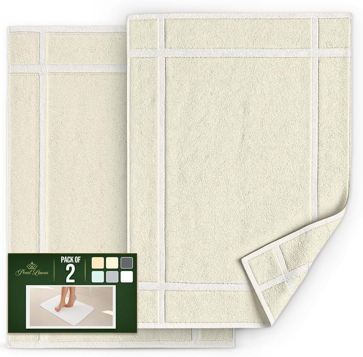 Pearl Linens Pack of 2 100% Cotton Bath Mat 18x25 inches, Soft & Absorbent Quick Dry Bathroom Mats Set, Not Bathroom Rugs, After Shower Mats, Bath Tub Mat, 687 GSM, Machine Washable, Ivory