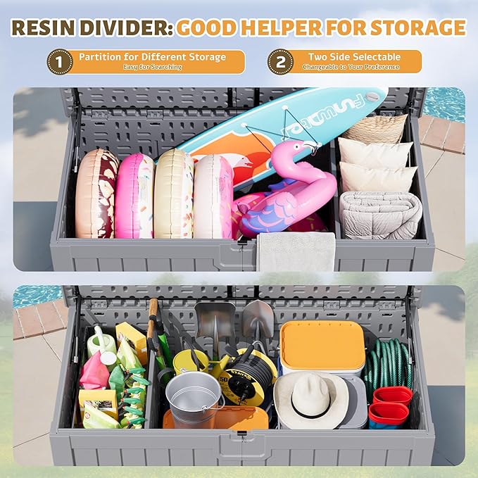Flamaker Resin Deck Box 250 Gallon, Waterproof Imitation-Wood Lockable Storage Box with Separator Plate Outdoor Indoor, Garden, Patio Furniture for Tools&Pool Accessories (Gray)