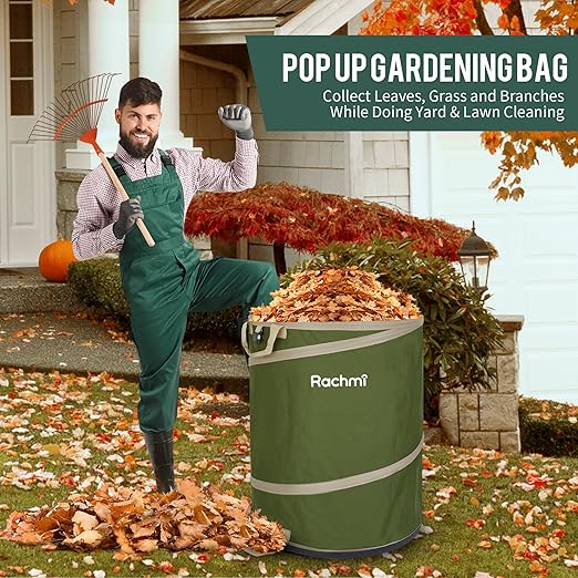 Rachmi 47 Gallon Collapsible Trash Can 2-Pack with Hard Bottom | Extra Large Reusable Yard Leaf Waste Bag Outdoor Pop Up Recycle Bin for Camping, Green