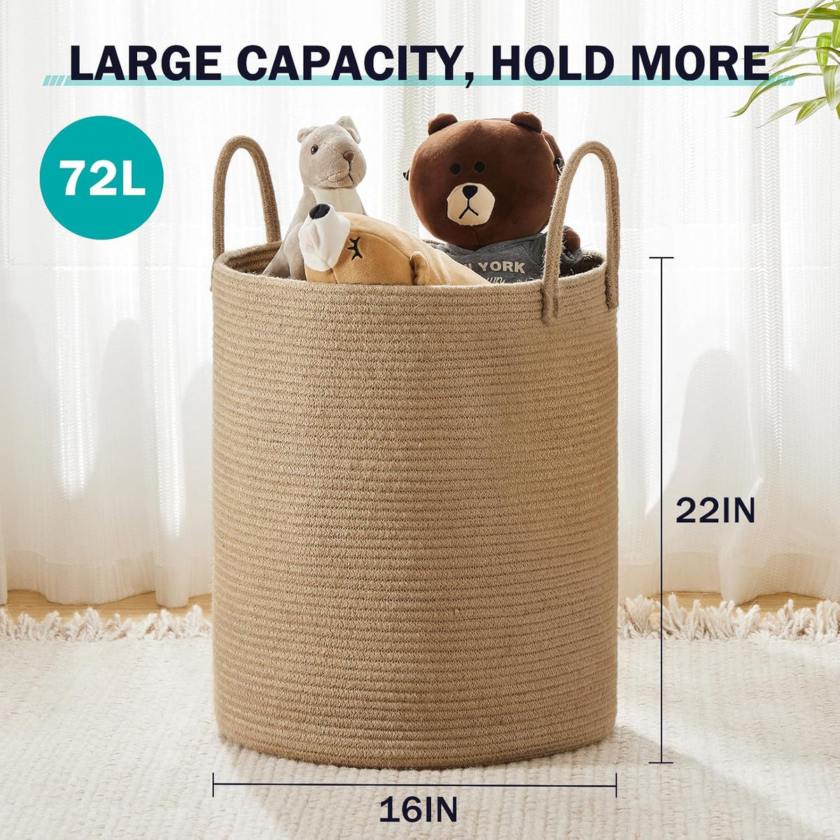 Jute Rope Woven Laundry Hamper Basket by YOUDENOVA, 72L Tall Luandry Basket, Baby Nursery Hamper for Blanket Storage in Bedroom-Large-Jute