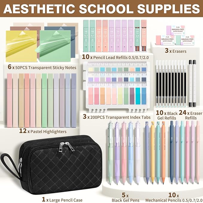 62PCS Aesthetic School Supplies with Cute Pencil Case, Pastel Highlighters Black Ink Gel Pens Mechanical Pencils Kit, Back to School Supplies College Essentials Preppy Stationary Set for Student Girls