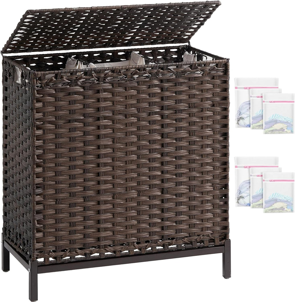 Laundry Hamper with Lid 132 L, (35 Gallons) Clothes Hamper with Lid, Handwoven Rattan Laundry Hamper with Metal Heightened Feet, Laundry Hampers with 3 Removable Liner Bags for Laundry-Brown