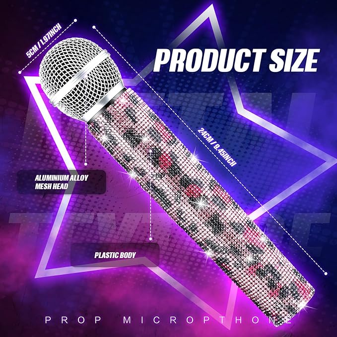 Sanwuta Fake Microphone Prop Sparkly Bling Rhinestones Plastic Play Microphone Pretend Glitter Bedazzled Mic for Cosplay Party Costume(Pink Leopard)