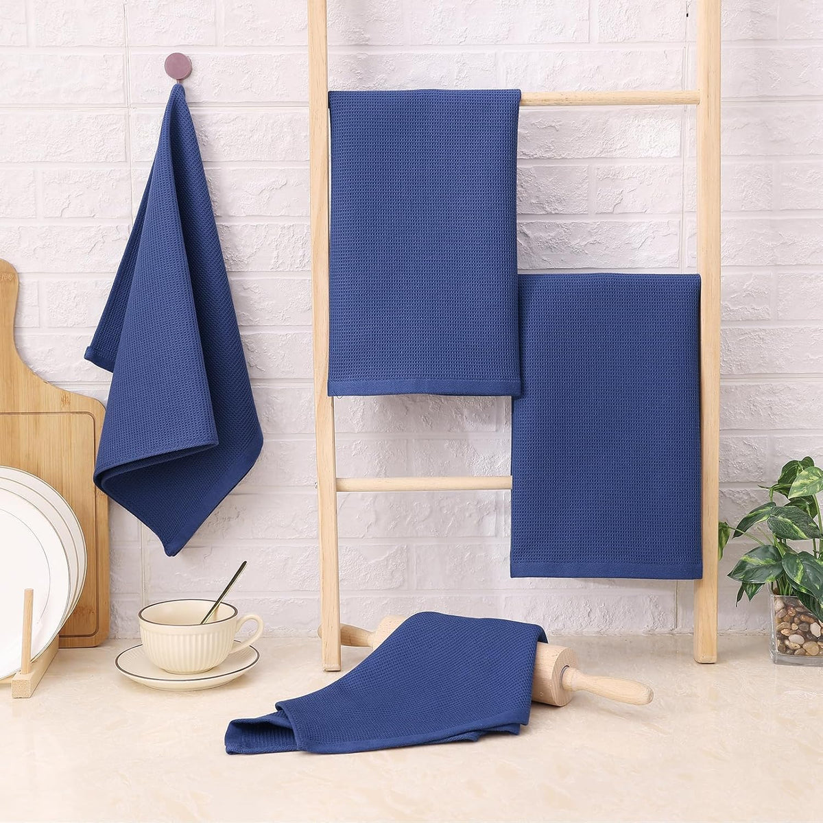 Homaxy 100% Cotton Waffle Weave Kitchen Towels - 8 Pack Soft and Absorbent Dish Towels - 16 x 26 Inches Quick Dry Hand Towels - Navy Blue