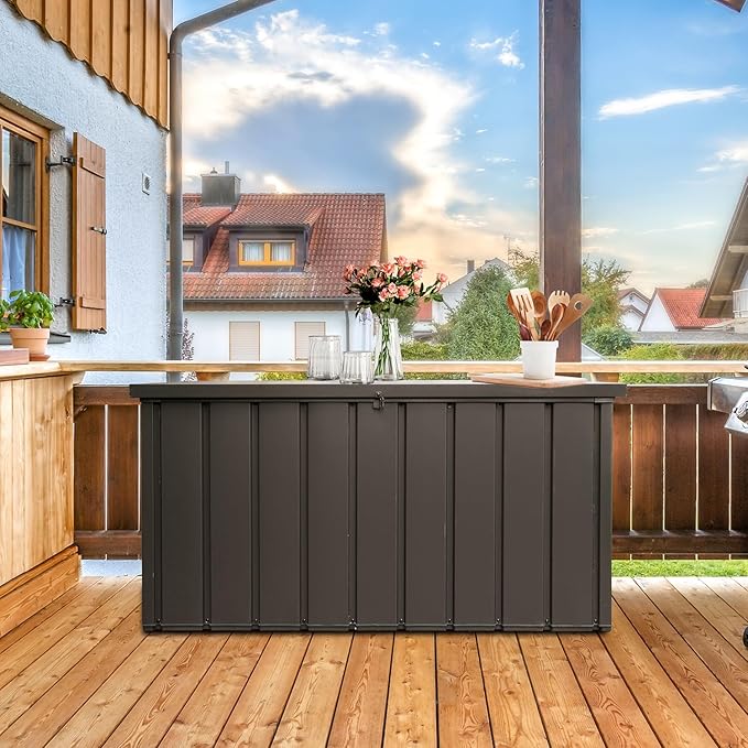 Domi Outdoor Deck Box 100 Gallon, Waterproof Lockable Steel Outdoor Storage Container for Outside Cushions, Garden Tools and Pools Equipment (Dark Brown)