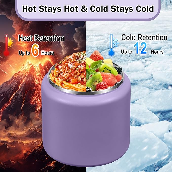 26oz Kids Thermos for Hot Food, Insulated Vacuum Food Jar with Buckle Lid, Stainless Steel Wide Mouth Leak Proof Insulated Lunch Container for School Picnic Travel, Purple