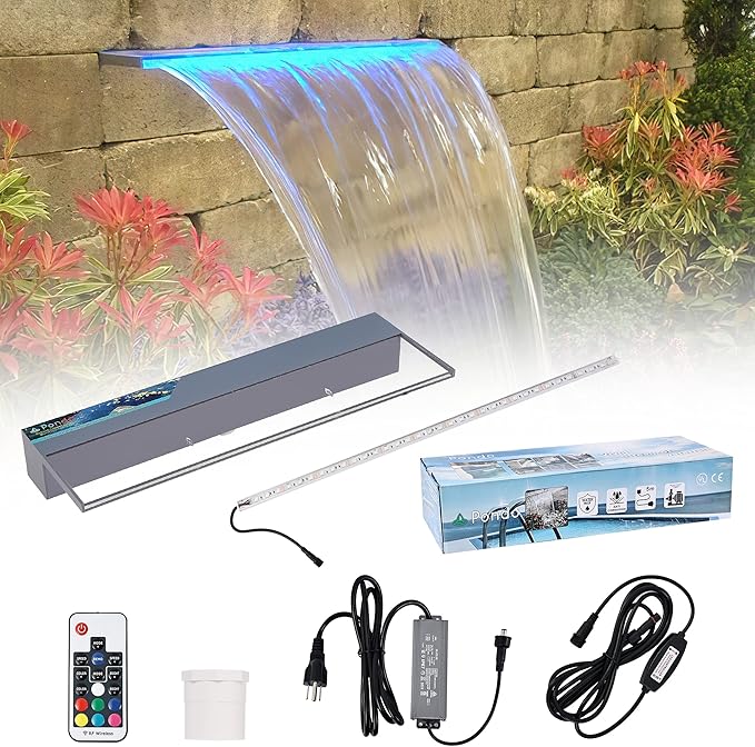 PONDO Lighted Waterfall Pool Fountain 24" with LED 7 Color Changing and Remote, Acrylic Waterfall Spillway for Sheer Descent Garden Outdoor