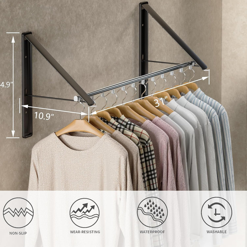 Dr.DJ Clothes Drying Rack with Rod, Wall-Mounted Retractable & Foldable Clothes Hanger for Laundry Room Organization and Storage, Metal Clothes Hanger Rack for Dorm, Closet, Balcony 2Rack, 1Rod Black