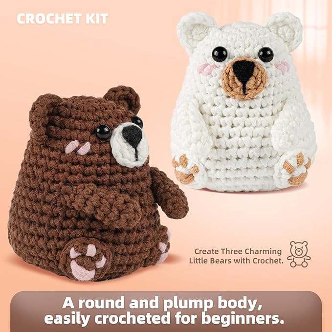 MOREJMTT Crochet Kit for Beginners, Learn to Crochet, Include Easy Knitting Soft Yarn, Step-by-Step Video Tutorial, Hook, Holiday Birthday Gift for Adults and Kids(Polar & Brown Bears)