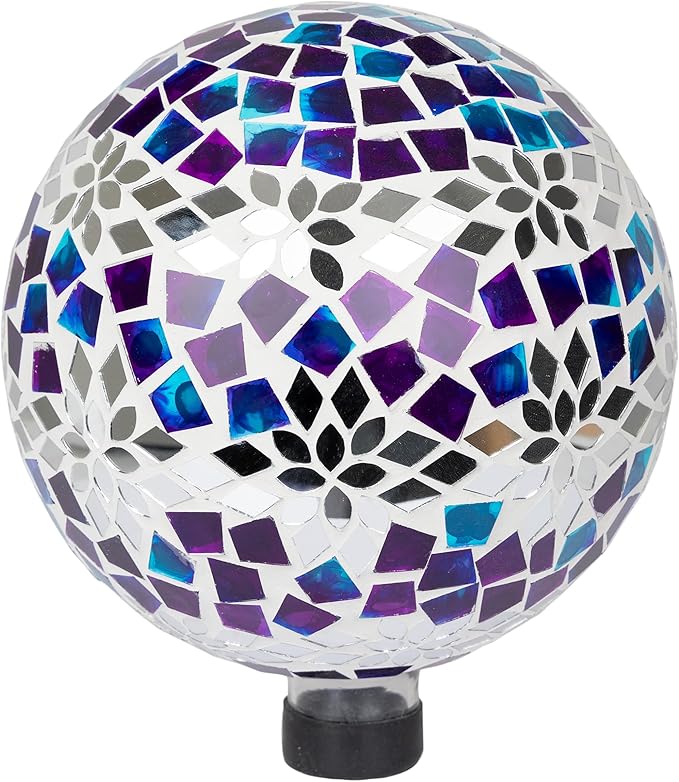Alpine Corporation HMD218 Mosaic Gazing Globe with Mirrored Floral Pattern Decoration for Garden, Patio, and Lawn, 12" H