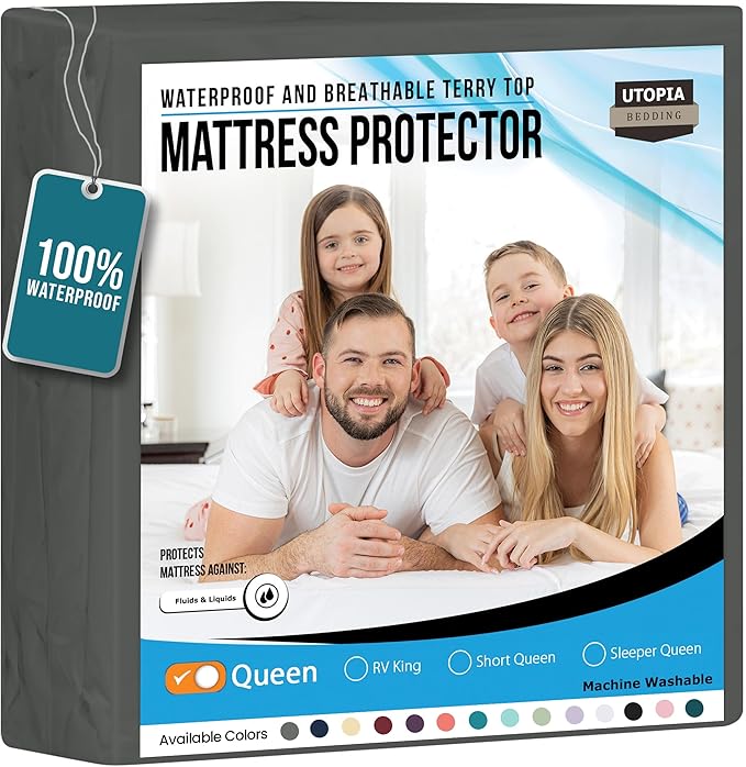 Utopia Bedding Waterproof Mattress Protector Queen Size, Premium Terry Mattress Cover 200 GSM, Breathable, Fitted Style with Stretchable Pockets (Gray)