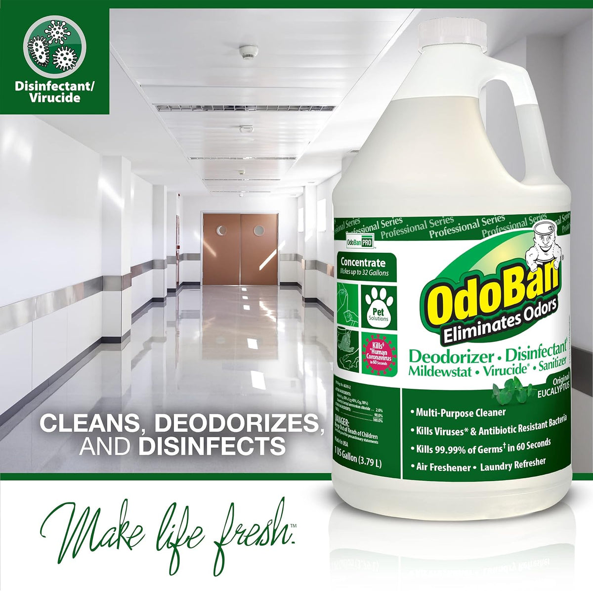 OdoBan Professional Disinfectant and Odor Eliminator Concentrate, 3-Pack, 1 Gallon Each, Original Eucalyptus Scent