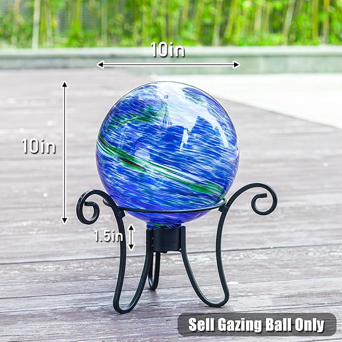 VCUTEKA Glass Outdoor Gazing Globe, Blue and Green Hand Painted Swirled Sphere for Patio Garden Gazing Ball Yard Ornament, 10 Inch