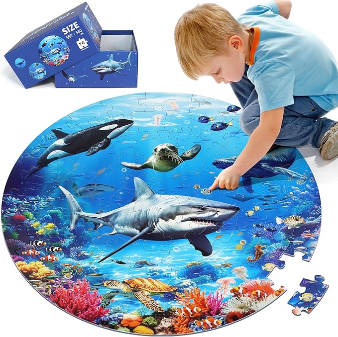 Underwater Ocean Floor Puzzle for Kids Ages 4-6, Shark Toys for Boys Girls, 70 Pieces Large Jigsaw Shark Puzzles for Kids Ages 3-8, Educational Ocean Animals Toys for Birthday Christmas