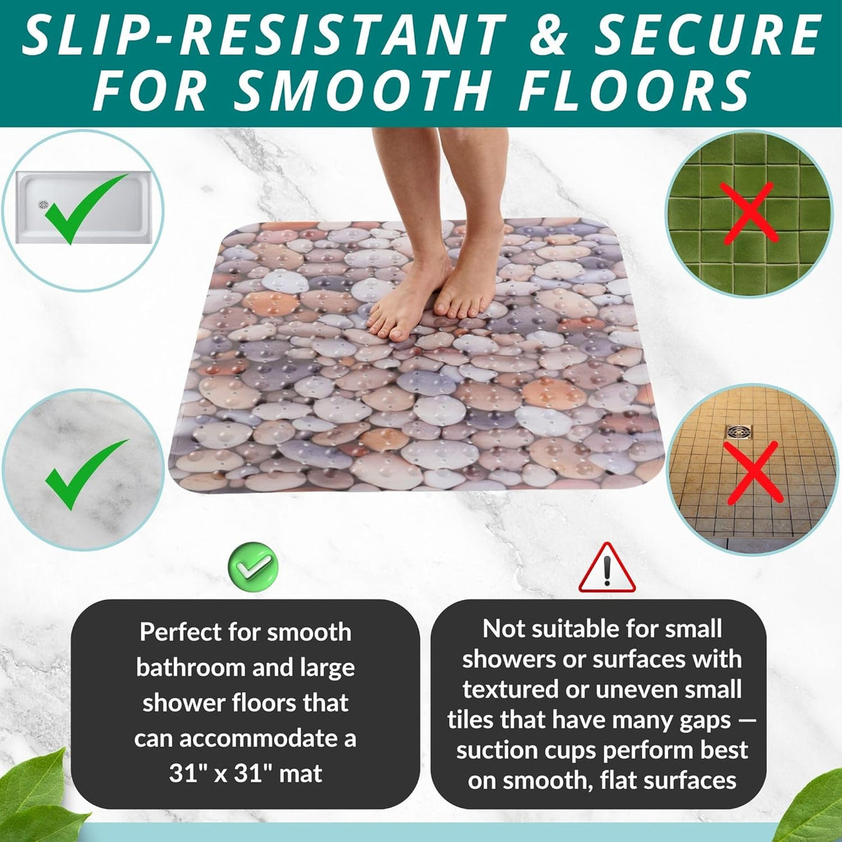 ENKOSI Extra Large Square Non Slip Shower Mat - 31 x 31-inch XL Bathroom Shower Mat - Square Shower Mats for Shower Stall Floors | Secure Suction Cups and Drain Holes (31x31 Pebble Stone)