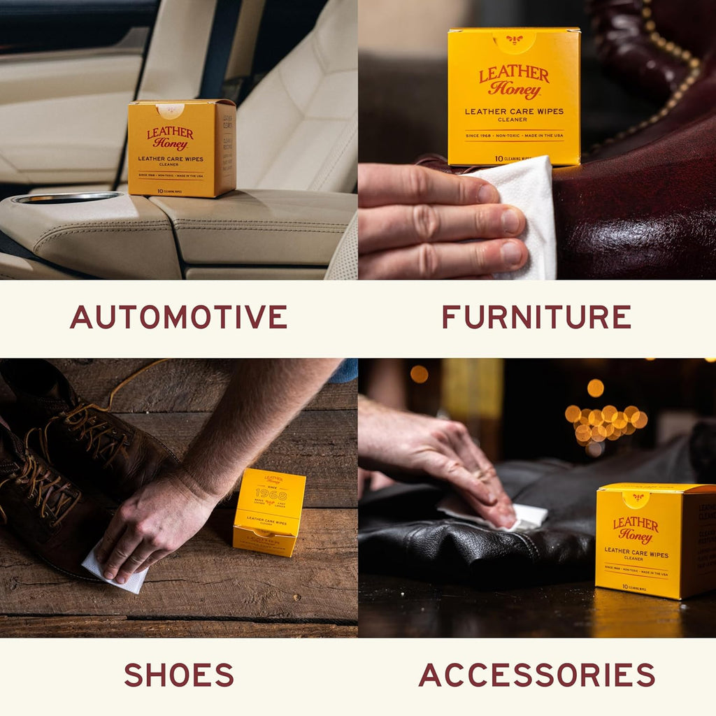 Leather Honey Cleaner Wipes: Clean Leather On-The-Go. 10 Cleaning Wipes for Leather, Faux & Vinyl: Any Color of Couches, Car Seats, Purses, Shoes & Bags. Made in the USA, Non-toxic & Ready-to-Use