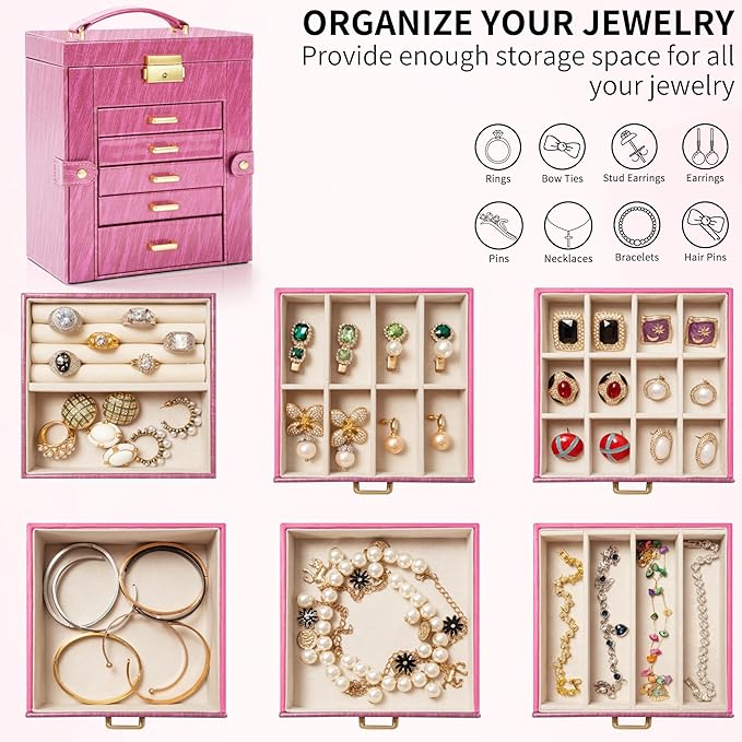 AKOZLIN 6-Tier Jewelry Box Lockable Leather Jewelry Storage Case with 5 Drawers for Women Girls Ring Necklace Earring Bracelet Holder Organizer with Mirror Rose